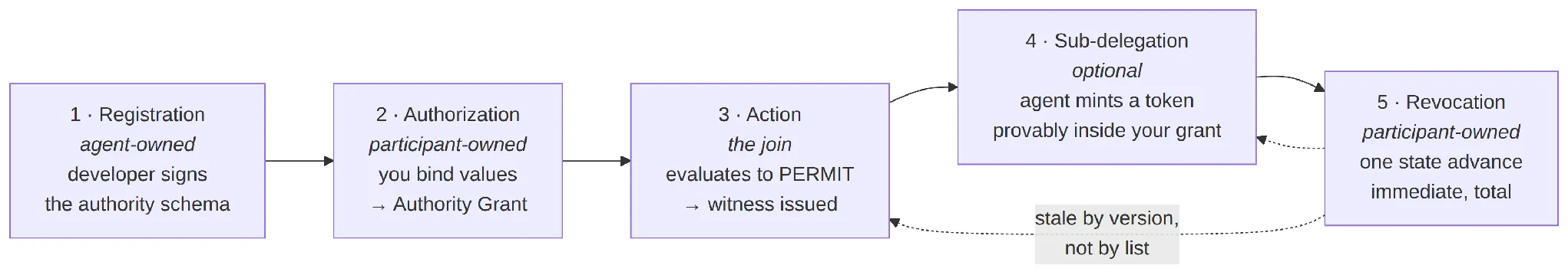 The five stages in the life of an Authority Grant, each a witnessed state transition